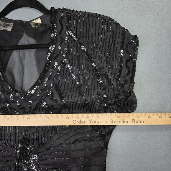 Vintage Pantagis Dress Womens Medium Black Silk Sequin Beaded Art Deco 80s Glam - Picture 11 of 14